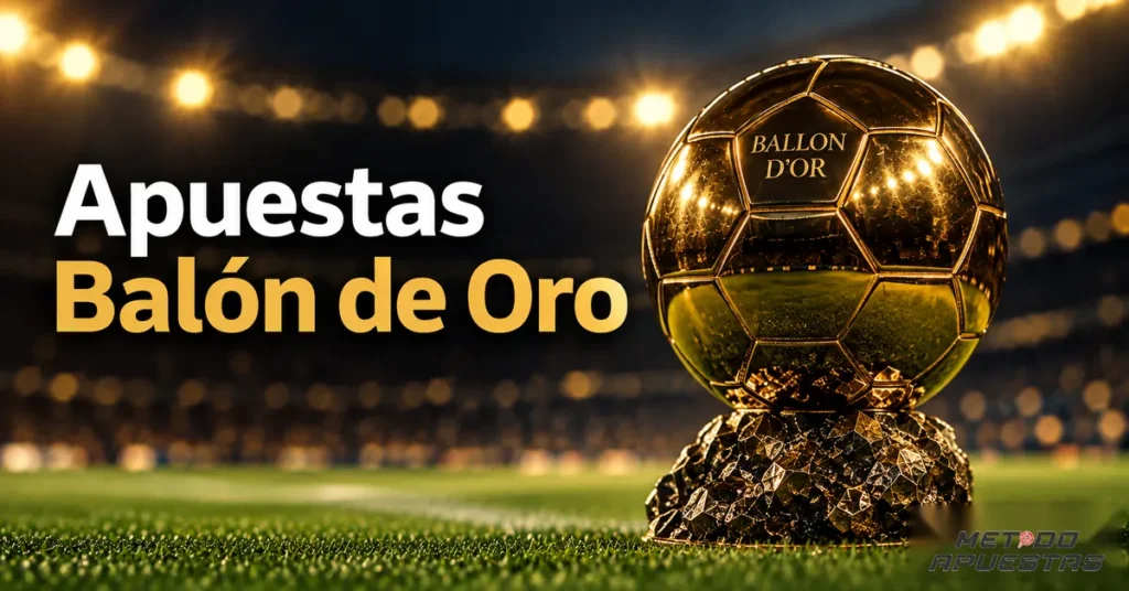 Apostas Bola de Ouro: odds, favoritos e palpite 1 Troféu da Bola de Ouro sobre o gramado de um estádio iluminado
