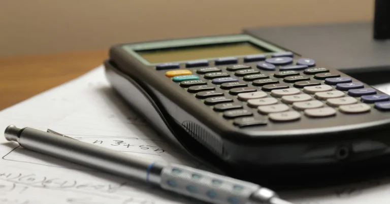 Calculadora científica e caneta sobre um caderno com contas escritas à mão