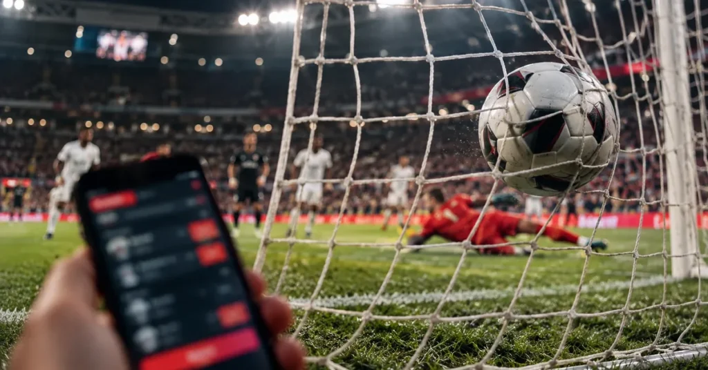 Ambas marcam (BTTS): o que significa e como apostar 1 Bola entrando na rede do gol, com um celular em primeiro plano mostrando um bilhete de apostas