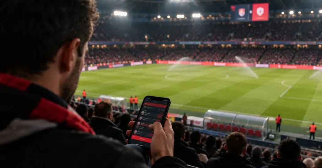 Aposta intervalo/final (HT/FT): o que significa e como funciona 1 Torcedor na arquibancada olhando o celular no intervalo, com os irrigadores molhando o gramado
