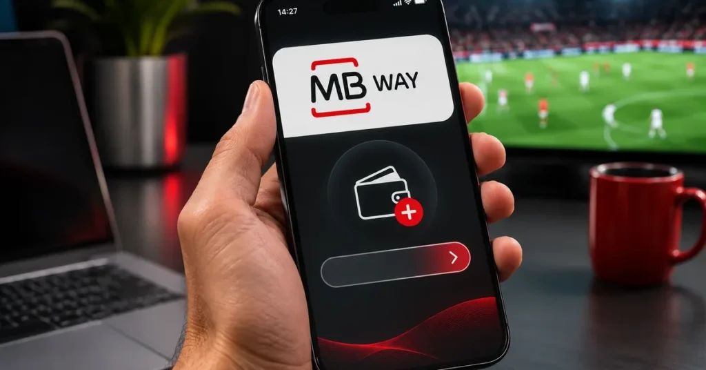Mão a segurar um telemóvel com a app MB WAY aberta, com um jogo de futebol na televisão ao fundo