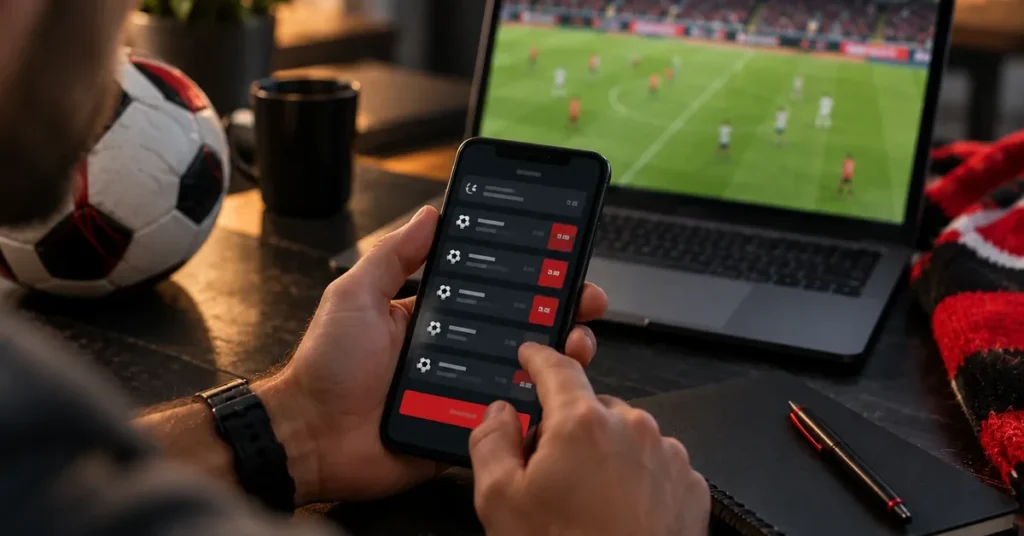 Apostas múltiplas: o que são e como calcular 1 Pessoa conferindo uma aposta múltipla no celular, com um jogo de futebol no notebook