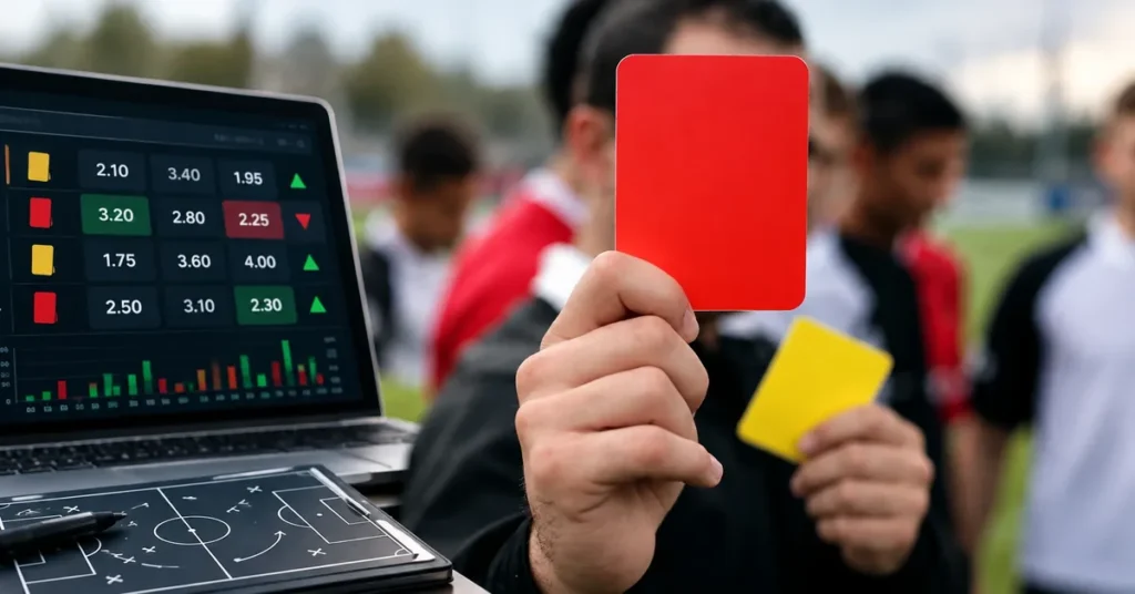 Árbitro mostrando una tarjeta roja, con una amarilla en la otra mano, junto a un portátil con cuotas de apuestas