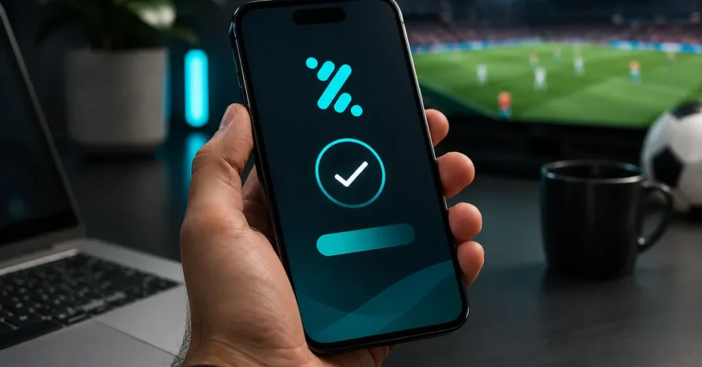 Mano con un móvil que muestra un pago confirmado, con un partido de fútbol en la pantalla del fondo