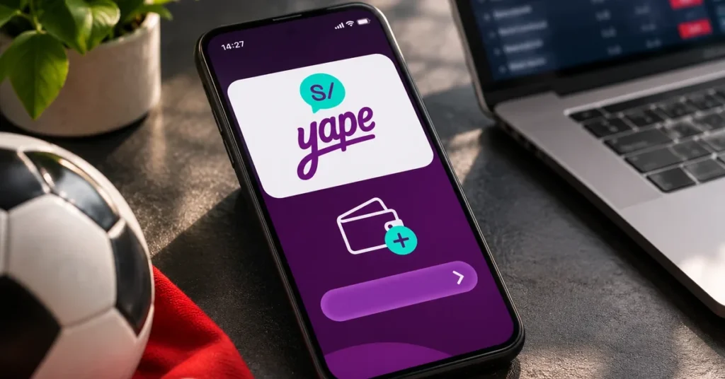Casas de apuestas con Yape en Perú 1 Celular con la app de Yape junto a un balón de fútbol y una laptop con cuotas de apuestas
