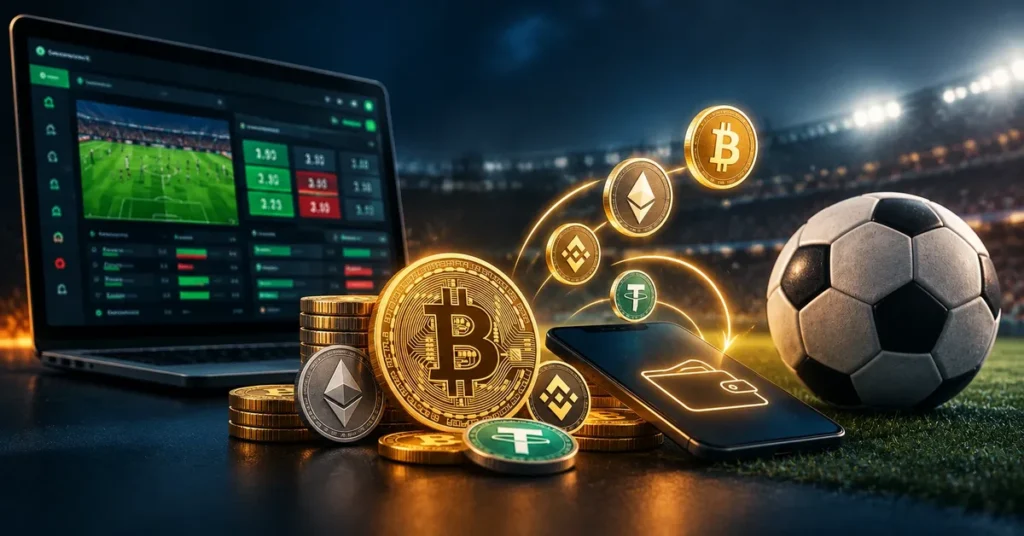 Casas de apuestas con criptomonedas en España 1 Monedas de bitcoin, ethereum y USDT junto a un portátil con cuotas de fútbol, un móvil con billetera y un balón en un estadio