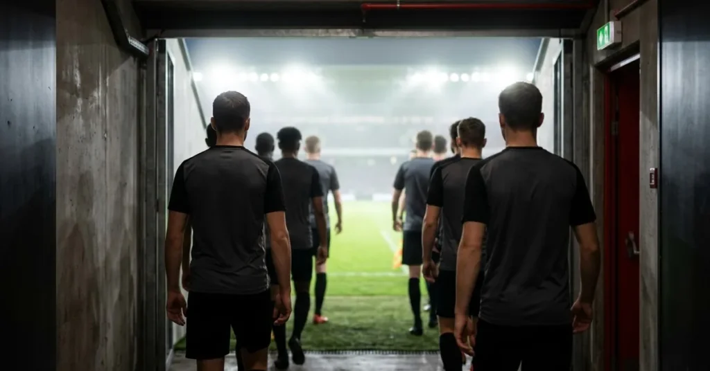 Futbolistas saliendo del túnel de vestuarios hacia el campo iluminado para la segunda parte