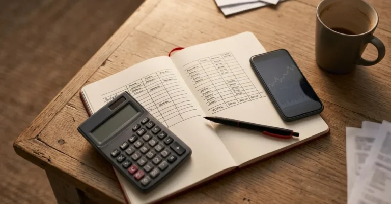 Caderno com uma planilha de orçamento, calculadora, celular e caneta sobre uma mesa de madeira