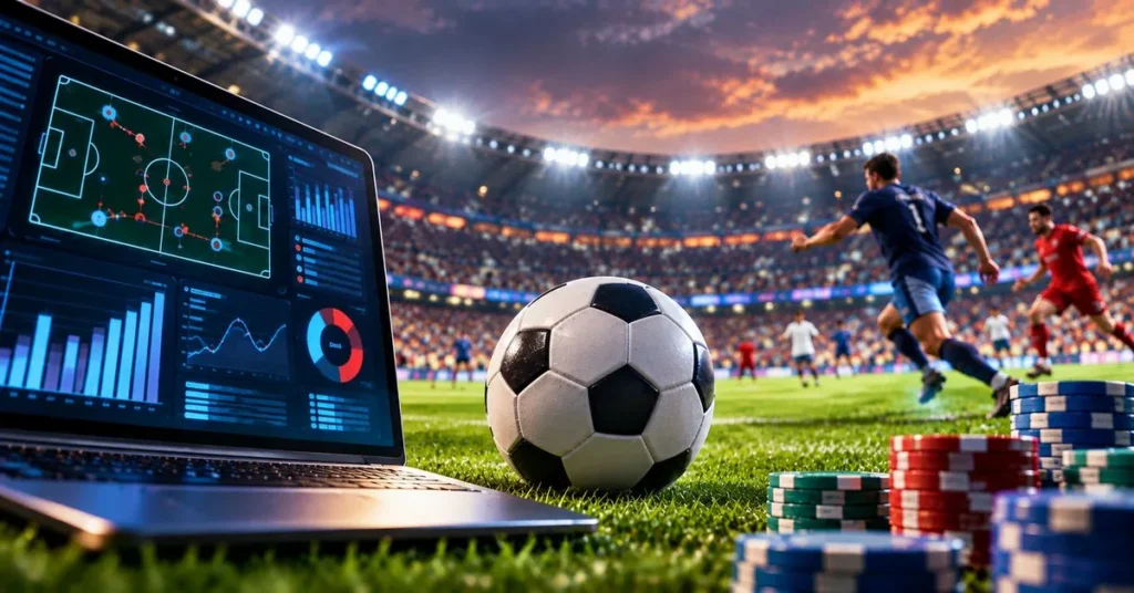 Notebook com estatísticas e gráficos de um jogo ao lado de uma bola de futebol e fichas de apostas no gramado de um estádio