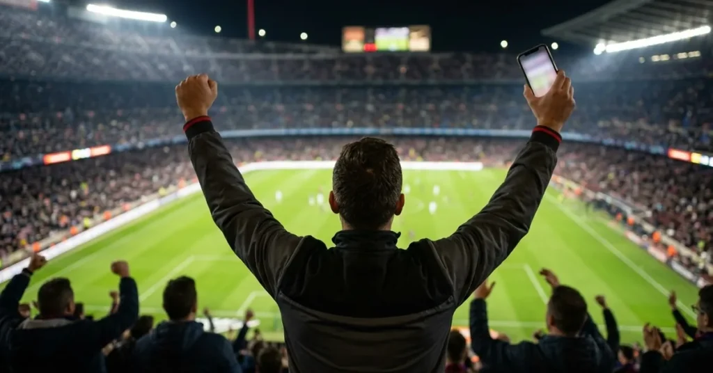 Pago anticipado en apuestas: qué es y en qué se diferencia del cash out 1 Aficionado en la grada celebrando un gol con los brazos en alto y el móvil en la mano